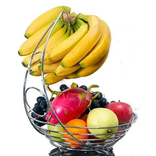 Fruit Holder Fruit Rack with Banana Hanger Chrome-Plated Steel Durable Tabletop Fruit Basket Stand for Kitchen Organization