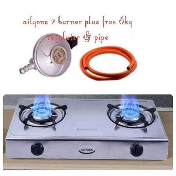 AILYONS Table Top Stainless Steel 2 Burner Gas Cooker with 6kg Regulator and Pipe – Sleek, Durable Kitchen Gas Cooker Offering Reliable Cooking Performance and Complete Safety Accessories