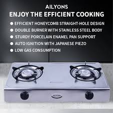 AILYONS/LYONS GS017 Double Burner Gas Cooker – Super Infrared Heater Desktop Stove, Stainless Steel, Efficient & Safe Gas Cooking for Home & Kitchen Use