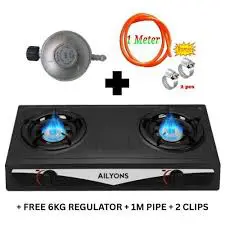 AILYONS LNS Table Top Stainless Steel 2 Burner Gas Cooker with 6kg Regulator & Pipe – Complete, Efficient, Durable Kitchen Cooking Solution for Homes, Apartments & Small Spaces