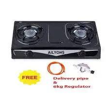 AILYONS LNS Table Top Stainless Steel 2 Burner Gas Cooker with 6kg Regulator & Pipe – Complete, Efficient, Durable Kitchen Cooking Solution for Homes, Apartments & Small Spaces