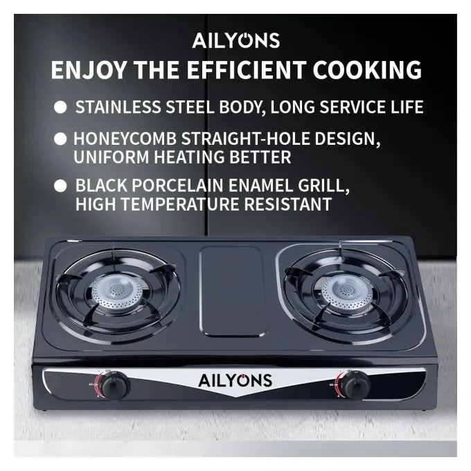AILYONS Table Top Stainless Steel 2 Burner Gas Cooker – Compact, Durable & Energy-Efficient Kitchen Appliance for Home Cooking, Safe and Stylish Design for Everyday Use