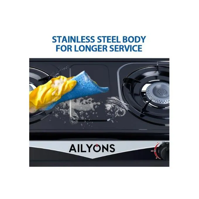 AILYONS Table Top Stainless Steel 2 Burner Gas Cooker – Compact, Durable & Energy-Efficient Kitchen Appliance for Home Cooking, Safe and Stylish Design for Everyday Use