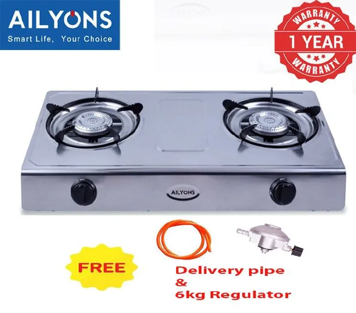 AILYONS Table Top Stainless Steel 2 Burner Gas Cooker with 6kg Regulator and Pipe – Complete, Efficient, and Safe Cooking Solution for Homes, Apartments & Small Kitchens
