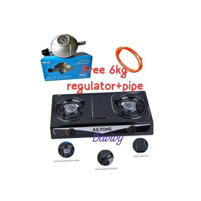 AILYONS Table Top Stainless Steel 2 Burner Gas Cooker with 6kg Regulator, 1m Pipe & Free Tightening Clips – Complete, Safe & Efficient Kitchen Solution for Homes & Apartments