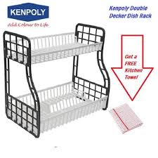 Kenpoly Double Decker Dish Rack with Free 3 Dish Towels – Two Tier Kitchen Drying Rack for Plates, Bowls, Cups & Utensils, Durable Plastic Space Saving Organizer
