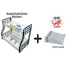 Kenpoly Double Decker Dish Rack with Free 3 Dish Towels – Two Tier Kitchen Drying Rack for Plates, Bowls, Cups & Utensils, Durable Plastic Space Saving Organizer