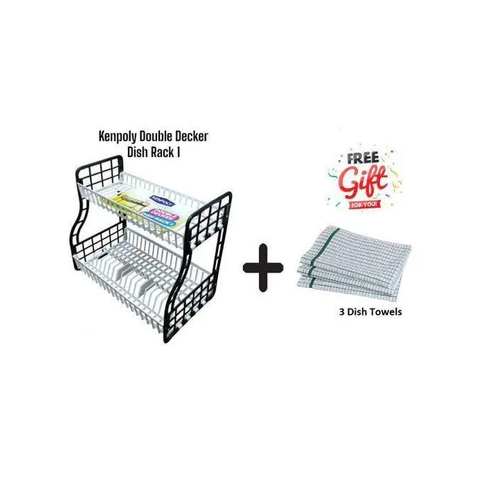 Kenpoly Double Decker Dish Rack with Free 3 Dish Towels – Two Tier Kitchen Drying Rack for Plates, Bowls, Cups & Utensils, Durable Plastic Space Saving Organizer