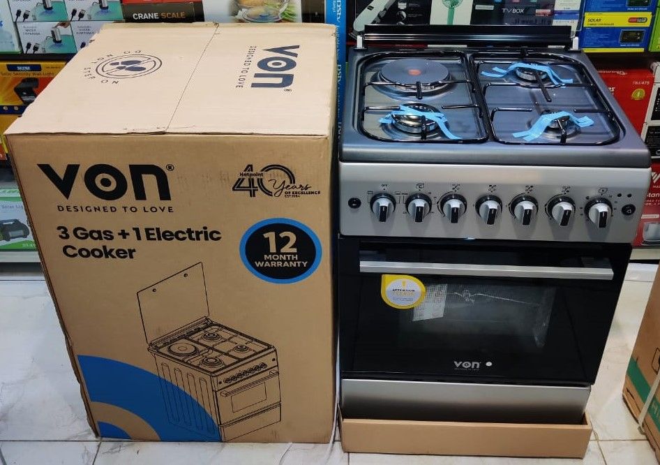 VON HOTPOINT 58cm by 58cm, 3 Gas Pool Jet Burners +1 Electric, Free Standing Cooker with Electric Oven