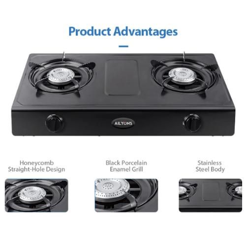 AILYONS GS017- Double Burner Stainless Steel Gas Cooker + 6Kg Regulator + Gas Pipe