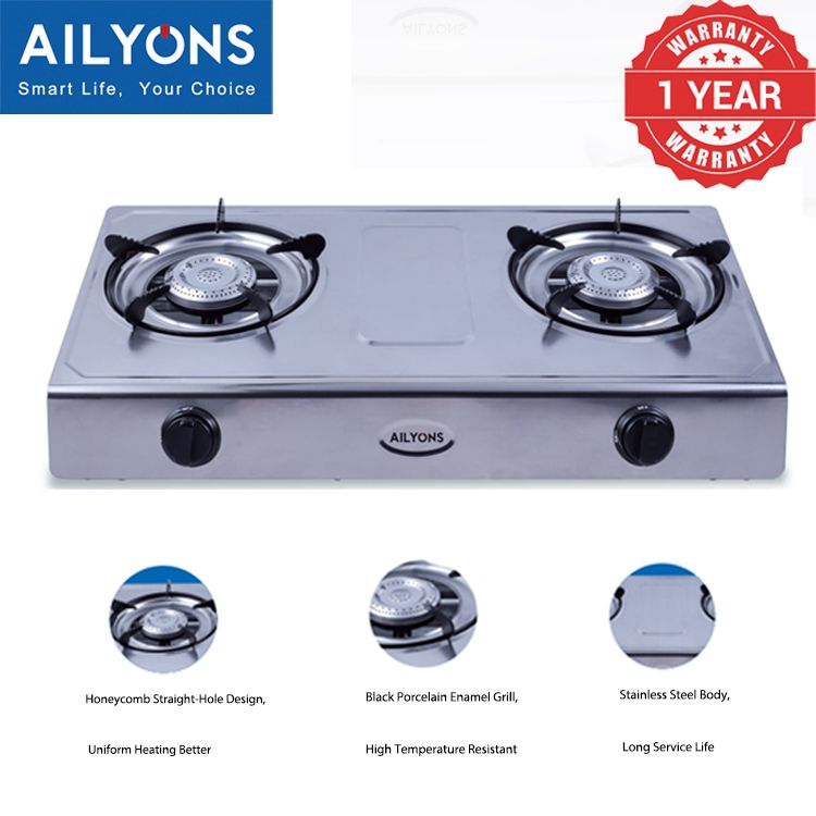 TODAY'S OFFER!! AILYONS GS017- Double Burner Stainless Steel Gas Cooker + 6Kg Regulator + Gas Pipe