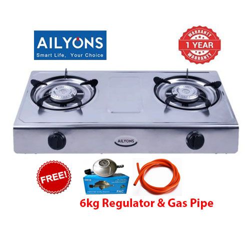 TODAY'S OFFER!! AILYONS GS017- Double Burner Stainless Steel Gas Cooker + 6Kg Regulator + Gas Pipe