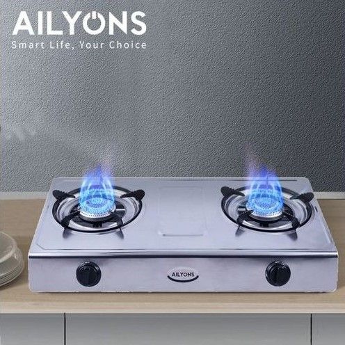 TODAY'S OFFER!! AILYONS GS017- Double Burner Stainless Steel Gas Cooker + 6Kg Regulator + Gas Pipe