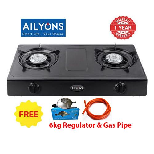 AILYONS GS017- Double Burner Stainless Steel Gas Cooker + 6Kg Regulator + Gas Pipe