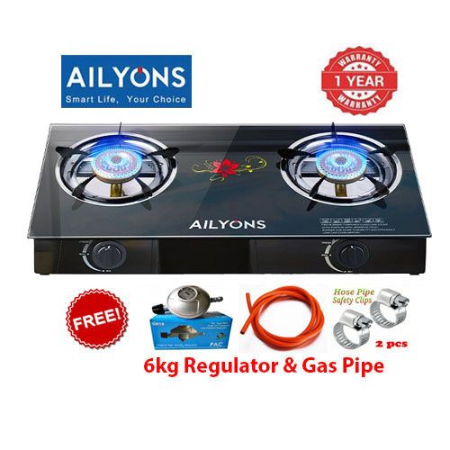 AILYONS Gas Cooker Double Burner Glass Top Cooktop