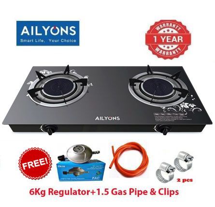 AILYONS GS005A Double Burner INFRARED Gas Cooker - Glass Top