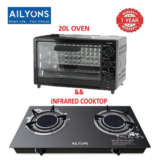AILYONS 20L Countertop Electric Oven and Double Burner Glass Top INFRARED Gas Cooker