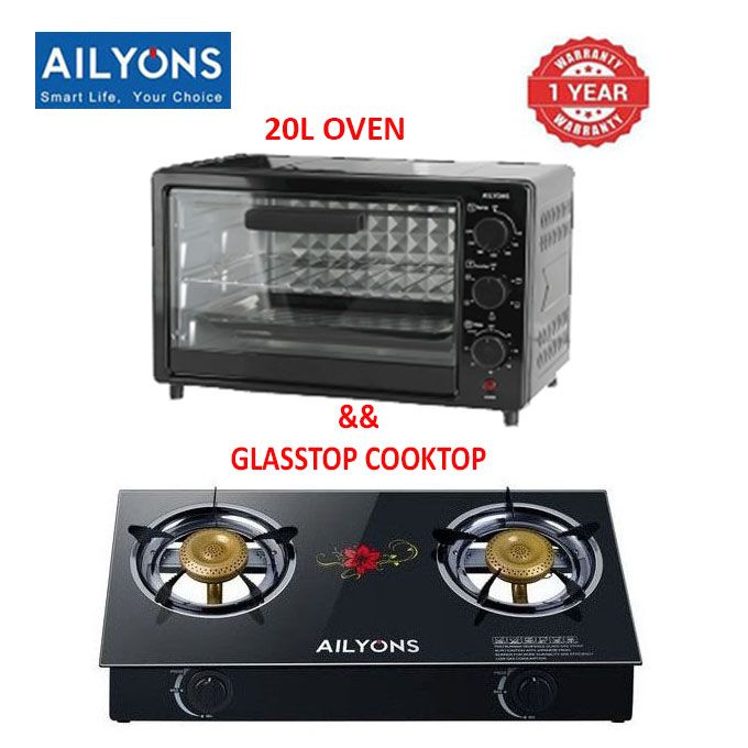 AILYONS 20L Countertop Electric Oven and 2 - Burner Glass Top Gas Cooker