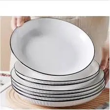 Set of 6 Ceramic Dinner Plates with Elegant Black Rim – 10.5" Round Porcelain Plates for Stylish Dining | Microwave & Dishwasher Safe | Ideal for Home, Hotel, and Restaurant Use