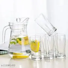 6 Pcs Crystal Clear Long Glasses with Elegant Jug – Stylish, Durable & Heat-Resistant Drinkware for Water, Juice & Cocktails | Perfect for Home & Office Use