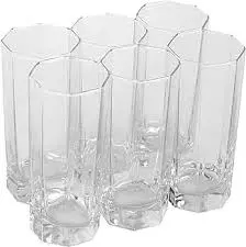 Premium 6 pcs Classic Hexagonal Long Glass Tumblers Set – Durable, Stylish Drinkware for Home, Office, Bar & Events | Elegant Crystal-Cut Glasses for Water, Juice & Cocktails