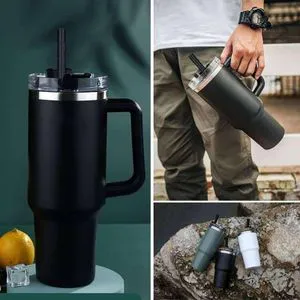Stainless Steel Vacuum Double Wall Thermal Cup with Handle, Lid & Straw – Insulated Iced Coffee Mug | Leakproof, Reusable Travel Tumbler for Hot & Cold Drinks, Home, Office & Outdoor Use