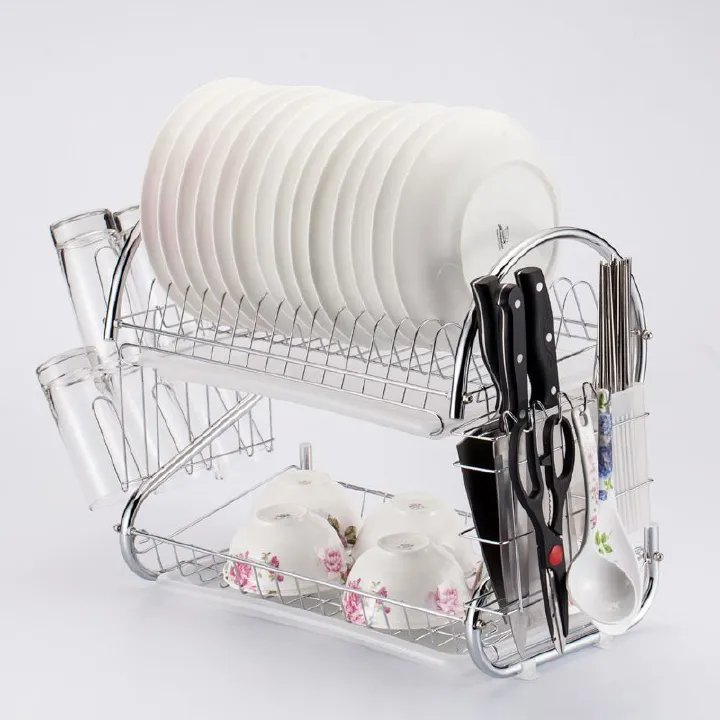 2-Tier Stainless Steel Dish Rack – Rustproof Space-Saving Kitchen Organizer for Plates, Bowls & Cutlery with Drip Tray (40x39x25CM)