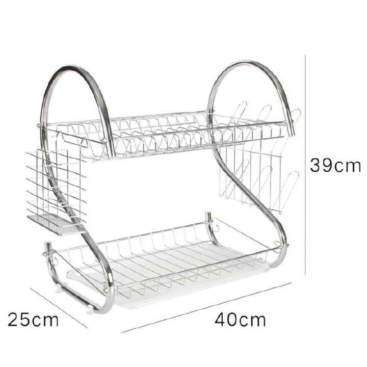 2-Tier Stainless Steel Dish Rack – Rustproof Space-Saving Kitchen Organizer for Plates, Bowls & Cutlery with Drip Tray (40x39x25CM)