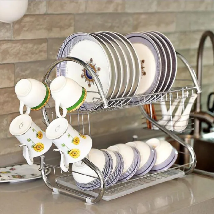 2-Tier Stainless Steel Dish Rack – Rustproof Space-Saving Kitchen Organizer for Plates, Bowls & Cutlery with Drip Tray (40x39x25CM)