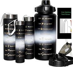 4-in-1 Leakproof Motivational Sports Water Bottle with Edible Silicone Straw – Ideal for Fitness, Gym, Outdoor, and Family Use – Anti-Choke Small Mouth Hydration Bottle Set