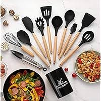Silicone Kitchen Utensil Set – 11 Piece Nonstick Heat-Resistant Cooking Tools with Wooden Handles and Tin – Mixing, Slotted, Serving Spoons & Spatulas for Home Cooks and Chefs
