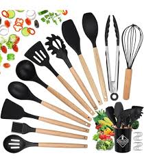 Silicone Kitchen Utensil Set – 11 Piece Nonstick Heat-Resistant Cooking Tools with Wooden Handles and Tin – Mixing, Slotted, Serving Spoons & Spatulas for Home Cooks and Chefs