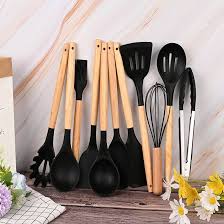 Silicone Kitchen Utensil Set – 11 Piece Nonstick Heat-Resistant Cooking Tools with Wooden Handles and Tin – Mixing, Slotted, Serving Spoons & Spatulas for Home Cooks and Chefs
