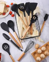 Silicone Kitchen Utensil Set – 11 Piece Nonstick Heat-Resistant Cooking Tools with Wooden Handles and Tin – Mixing, Slotted, Serving Spoons & Spatulas for Home Cooks and Chefs