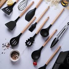 Silicone Kitchen Utensil Set – 11 Piece Nonstick Heat-Resistant Cooking Tools with Wooden Handles and Tin – Mixing, Slotted, Serving Spoons & Spatulas for Home Cooks and Chefs