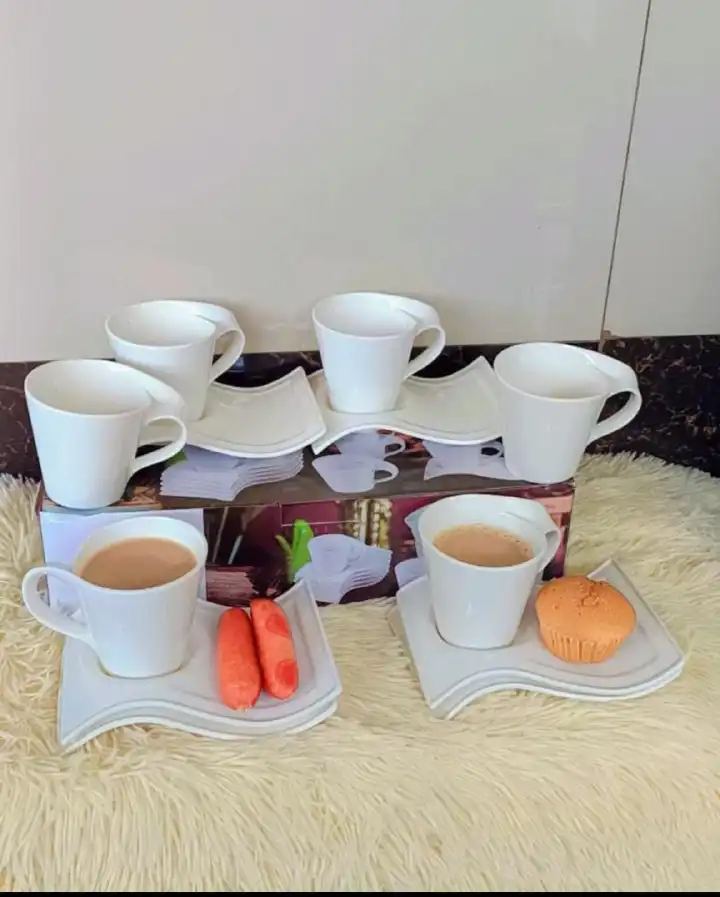 6 Pc Stylish Ceramic White Cups & Saucers Set – Elegant Wave Design, Premium Quality, Luxurious Feel, Perfect for Serving, Limited Stock – Upgrade Your Kitchen Today!