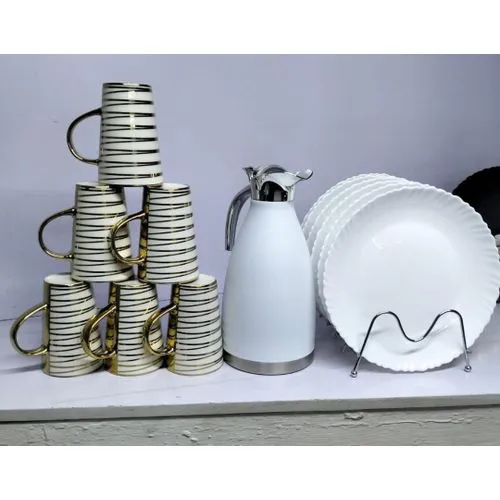Sundabest 13pc Breakfast Set for 6 People – Durable Ceramic Cups, Plates & 2L Insulated Flask Keeps Drinks Hot, Limited Stock, Perfect for Stylish Family Meals and Cozy Tea Times