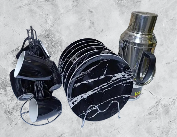 Elegant Ceramic 13 pcs Dinner Set with 6 Plates, 6 Cups & 3.2L Unbreakable Flask – Durable, Stylish, and Perfect for Family Meals. Limited Stock – Buy Now to Elevate Your Dining Experience!