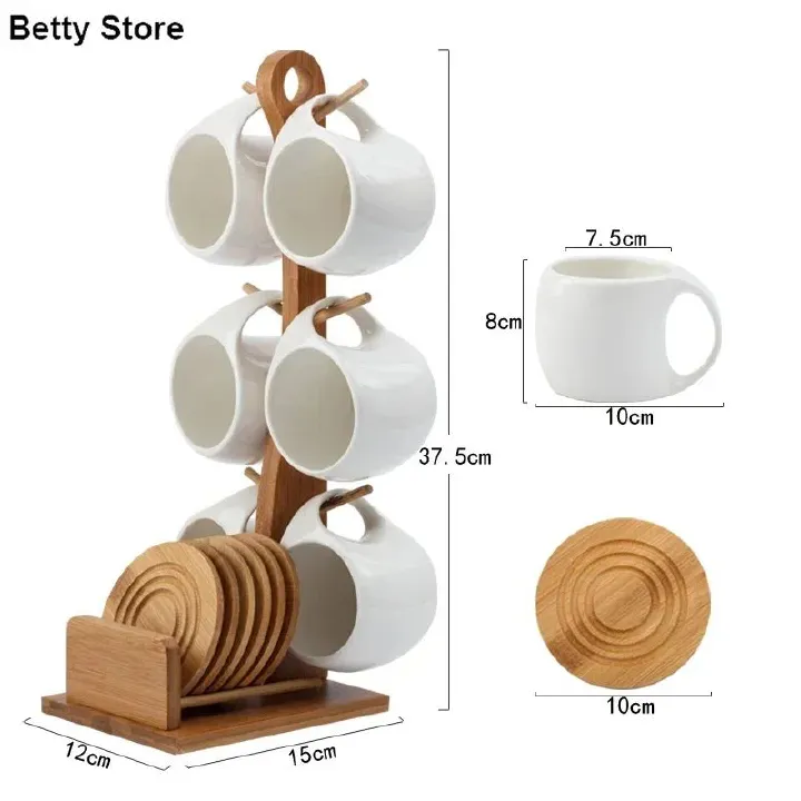 Elegant Simple White Ceramic Coffee Cup & Saucer Set with Bamboo Stand – Limited Stock! Perfect 190ml Mug for Home, Tea, Coffee, and Stylish Family Gift Experience