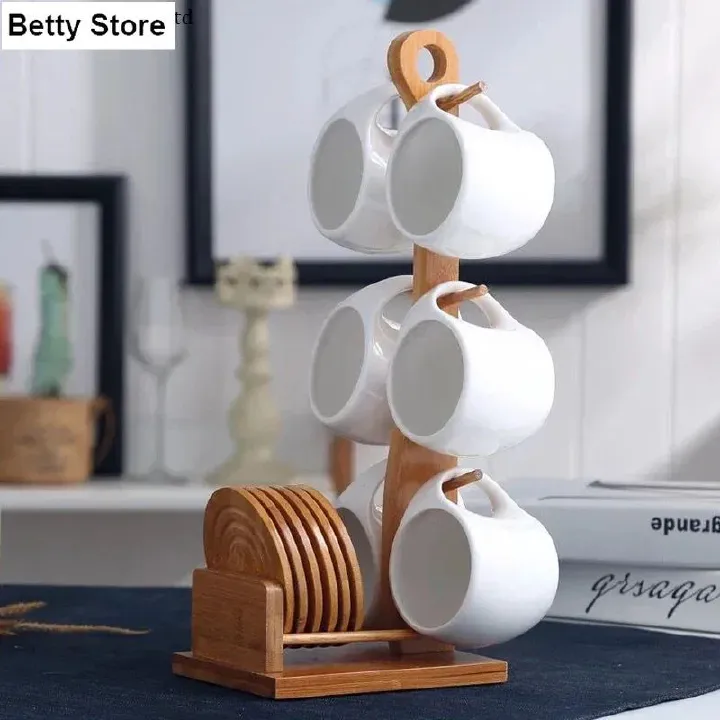 Elegant Simple White Ceramic Coffee Cup & Saucer Set with Bamboo Stand – Limited Stock! Perfect 190ml Mug for Home, Tea, Coffee, and Stylish Family Gift Experience
