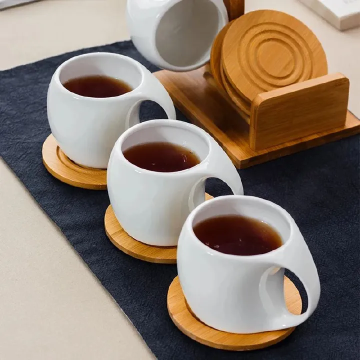 Elegant Simple White Ceramic Coffee Cup & Saucer Set with Bamboo Stand – Limited Stock! Perfect 190ml Mug for Home, Tea, Coffee, and Stylish Family Gift Experience