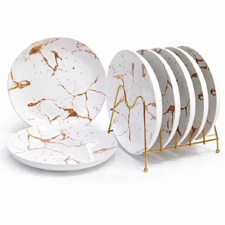 6PCS Nordic Marble Ceramic Dinner Plates Set – Luxury White & Black Veined Porcelain Tableware for Steak, Pasta, Salad & Everyday Dining with Free Gift Included