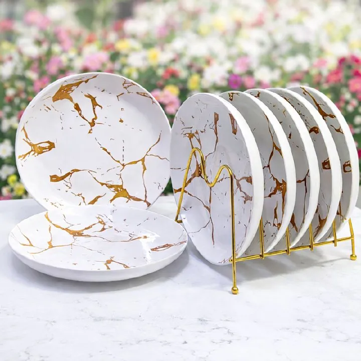 6PCS Nordic Marble Ceramic Dinner Plates Set – Luxury White & Black Veined Porcelain Tableware for Steak, Pasta, Salad & Everyday Dining with Free Gift Included