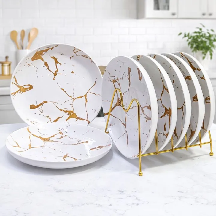 6PCS Nordic Marble Ceramic Dinner Plates Set – Luxury White & Black Veined Porcelain Tableware for Steak, Pasta, Salad & Everyday Dining with Free Gift Included
