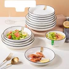 12-Piece Ceramic Dinner Set – 6 Bowls & 6 Plates with Elegant Black Border – Durable, Stylish Tableware for Everyday Meals, Family Dinners & Special Occasions