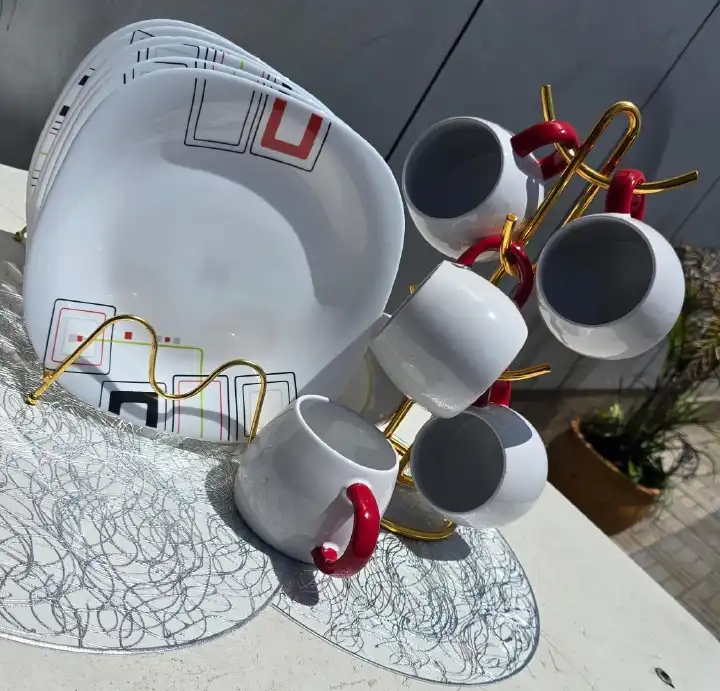 12-Piece Red Ceramic Dinner Set – 6 Cups & 6 Plates for Home and Commercial Use – Durable, Elegant, Heat-Resistant, Perfect for Everyday Meals and Entertaining Guests