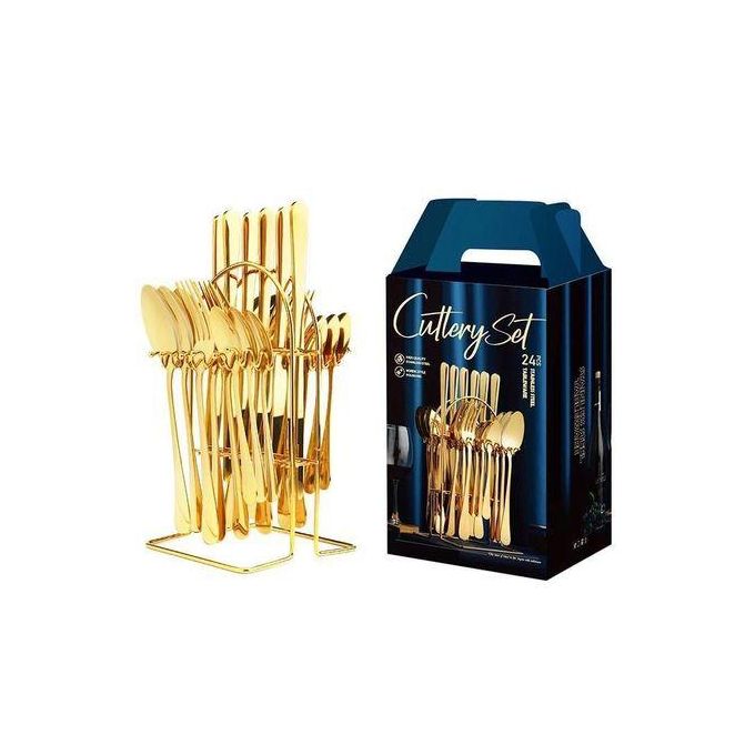 Steel Dinnerware Cutlery Spoon Fork 24 Pcs Set Golden