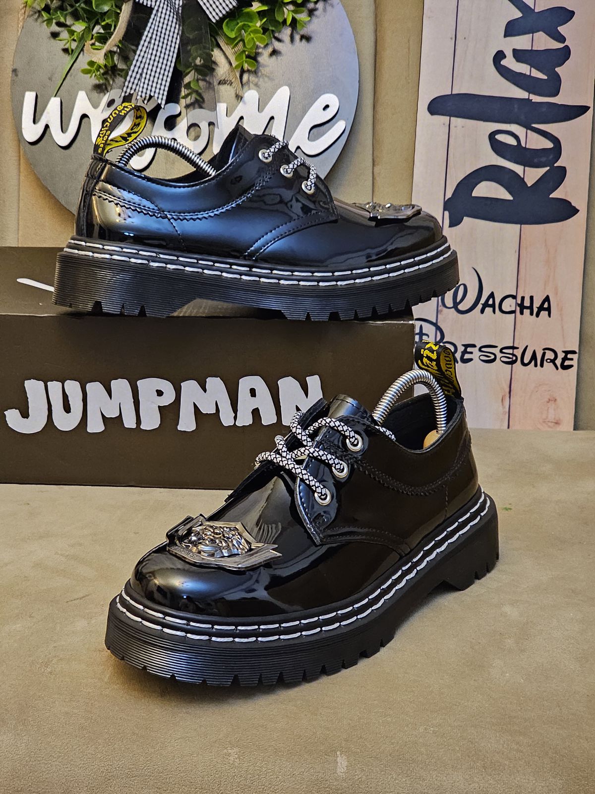 🔥 Original Leather Dr Marten black patent leather-style lace-up shoes with a thick, (Dr Martin)lugged sole and a metallic embellishment on the vamp.  very comfortable and classy official cassual loe