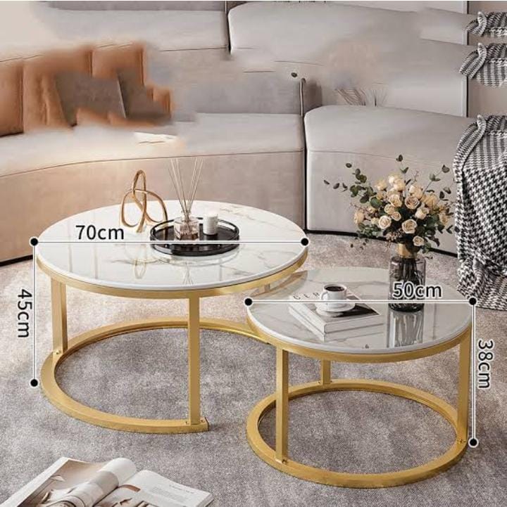 PURE MARBLE Nesting Table 2 in 1 Coffee Tables with Gold Stands Kitchen & Dining Room Furniture white 70cm*50cm(diameter)