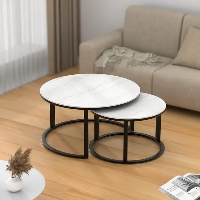 PURE MARBLE Nesting Table 2 in 1 Coffee Tables with Gold Stands Kitchen & Dining Room Furniture white 70cm*50cm(diameter)